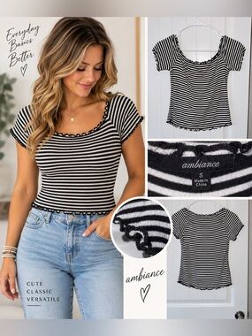 Ambiance Black & White Striped Scoop Neck Top